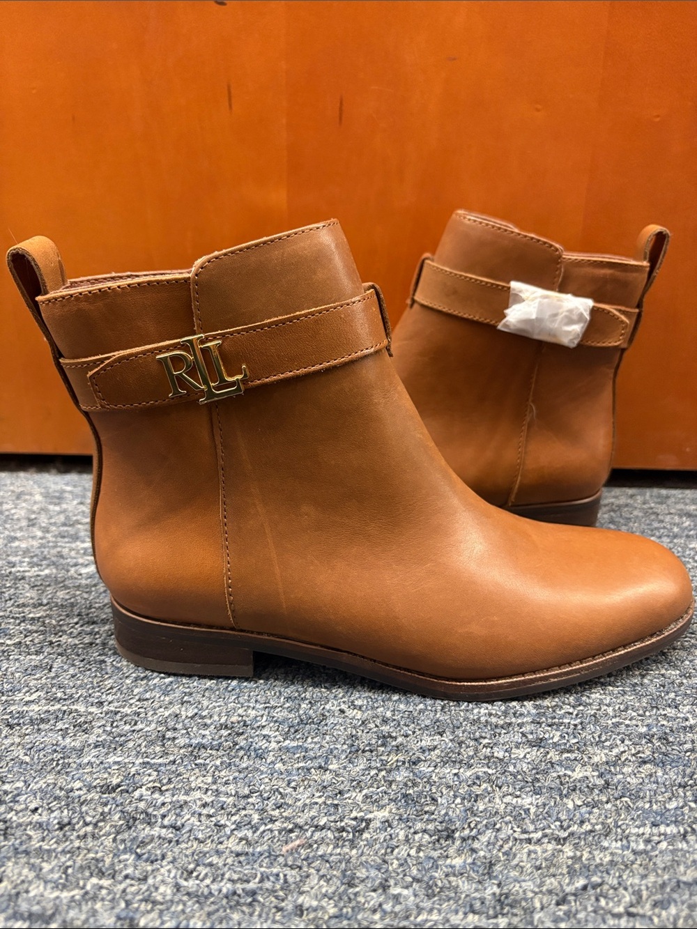 Ralph Lauren Tan Leather Ankle Booties with RL Logo Buckle 6.5B